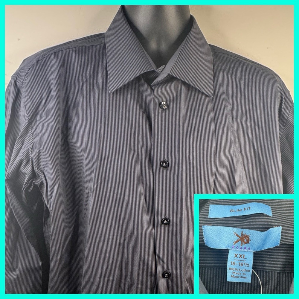 Egara Black Stripped 2XL Long Sleeve Cotton Slim Fit‎ Button Down Dress Shirt